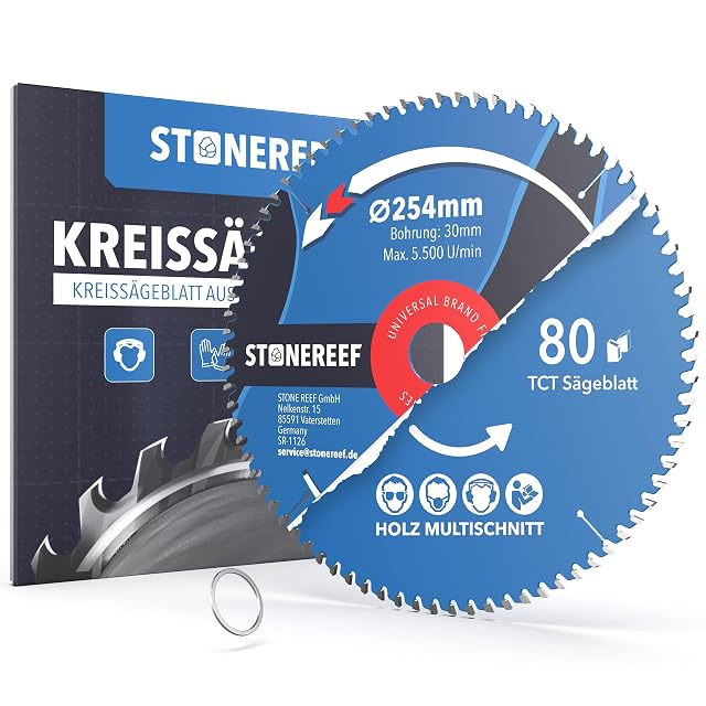 Lama circolare blu da 254 mm a 80 denti con anelli di riduzione, fotografia del prodotto